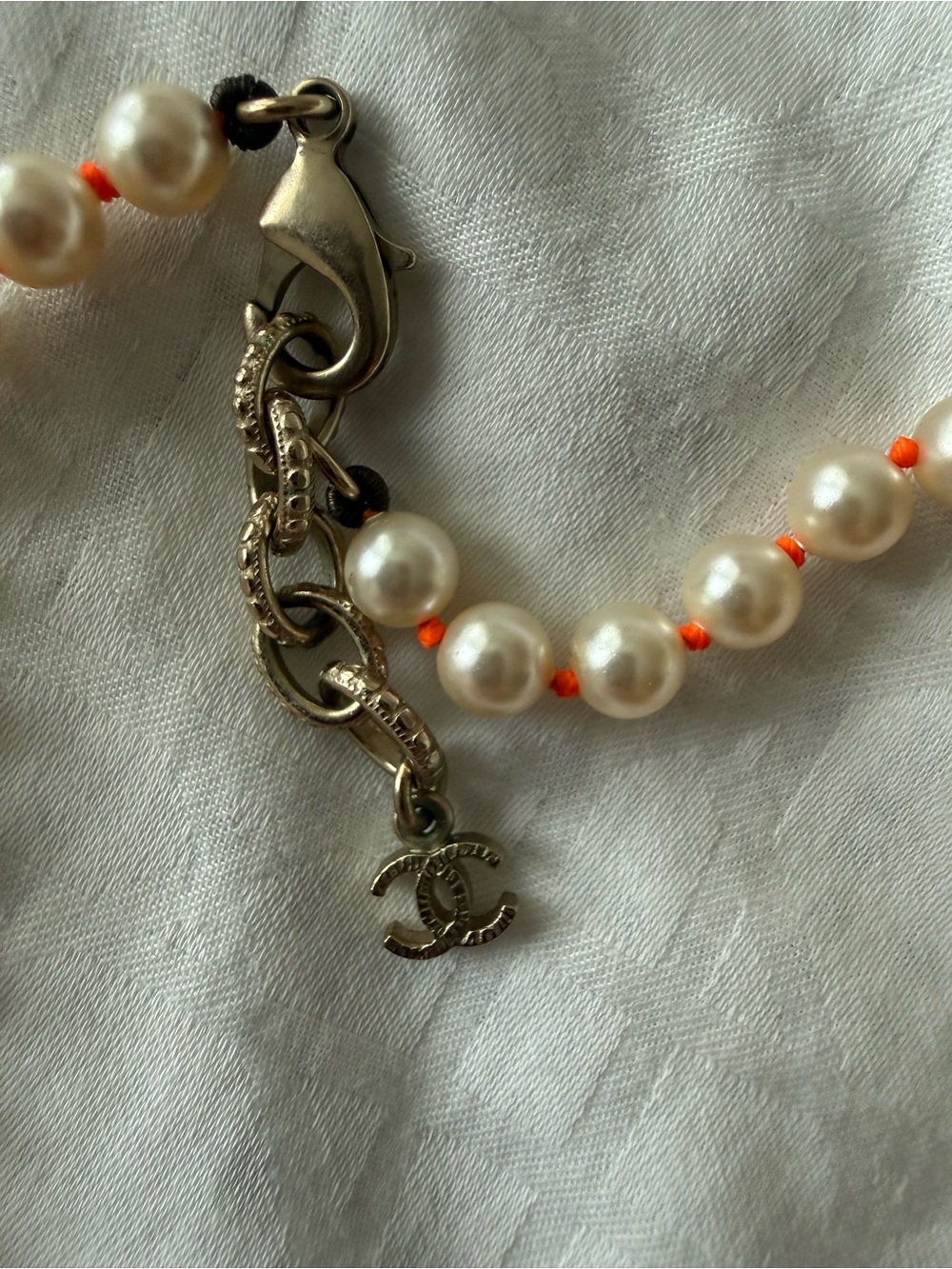 CHANEL Ivory Pearl Multi-Strand Necklace with Red Center and Crystal CC - Picture 3 of 6